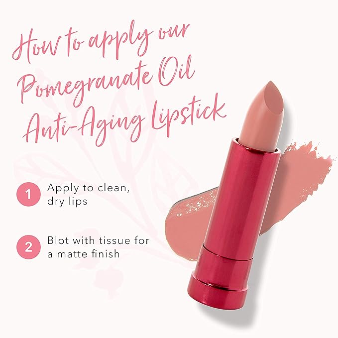 100% PURE Pomegranate Oil Anti-Aging Lipstick Long Lasting, Vibrant Makeup - Moisturizing Cocoa Butter Satin Finish - Vegan Fruit Pigmented Peony Color (Pale Pink) - 0.15 oz