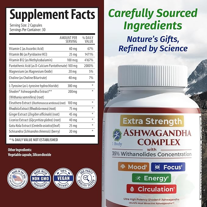 Ashwagandha Complex Adrenal Support Supplement for Stress Relief, Cortisol Balance, Energy & Focus, Mood Support, 35% Withanolides, 60 Vegan Capsules