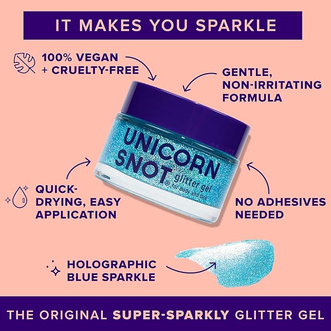 Unicorn Snot Face & Body Glitter Gel - Cosmetic-Grade Holographic Glitter - Safe for Face, Easy Application & Removal - Blue Glitter, 1.7oz (Sky)