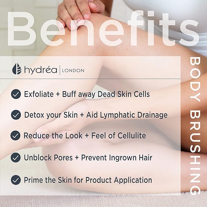 Hydrea London Body Brush Long Handled Exfoliating Back Scrubber, Natural Bristle, Dry Brush Cellulite Remover, Exfoliating Body Scrubber, Helps Improve Lymphatic Drainage - FSC® Certified Beechwood.