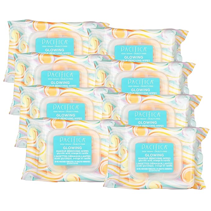 Pacifica Makeup Remover Face Wipes - 8-Pack Daily Facial Cleansing Exfoliating Towelettes - Biodegradable - Organic - w/Gycolic Acid - Clean Beauty Vegan & Cruelty-Free Dermatologist Tested 240 Count