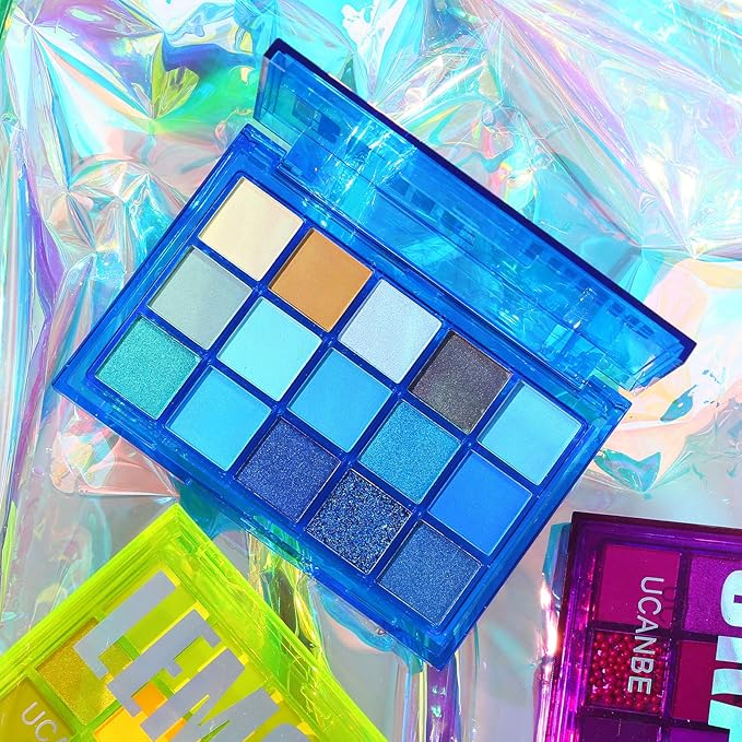UCANBE Bright Neon Eyeshadow Makeup Palette-15 Shades High Pigmented Purple Blue Yellow Shimmer Matte Glitter Metallic Eyes Shadow Colorful Vibrant Creamy Make Up Pallets Kit - Blue Tonic…