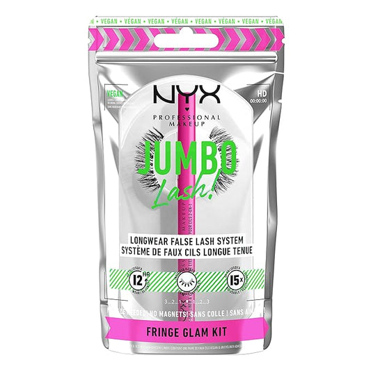 NYX PROFESSIONAL MAKEUP Jumbo Lash! Vegan False Eyelashes Kit with 2-in-1 Eyeliner Adhesive, Up to 12HR Wear, Reusable Fake Lashes - Fringe Glam Kit