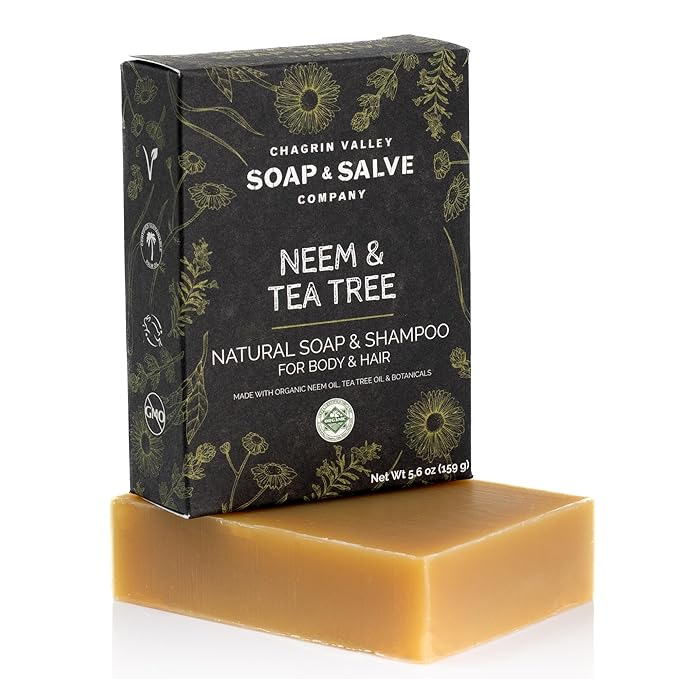 Chagrin Valley Soap & Salve Neem & Tea Tree Organic Soap & Shampoo Bar – Soothe Dry, Itchy, Irritated Skin - Sulfate Free For Body & Hair Vegan Shampoo Natural, Large 5.6 oz Bar