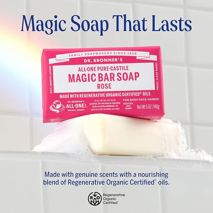 Dr. Bronner's Pure-Castile Magic Soap Bars (Rose, 5 oz, 6-Pack)- Made with Regenerative Organic Certified Oils- For Face, Body & Hair - Gentle, Vegan- Bar Soaps for Men & Women