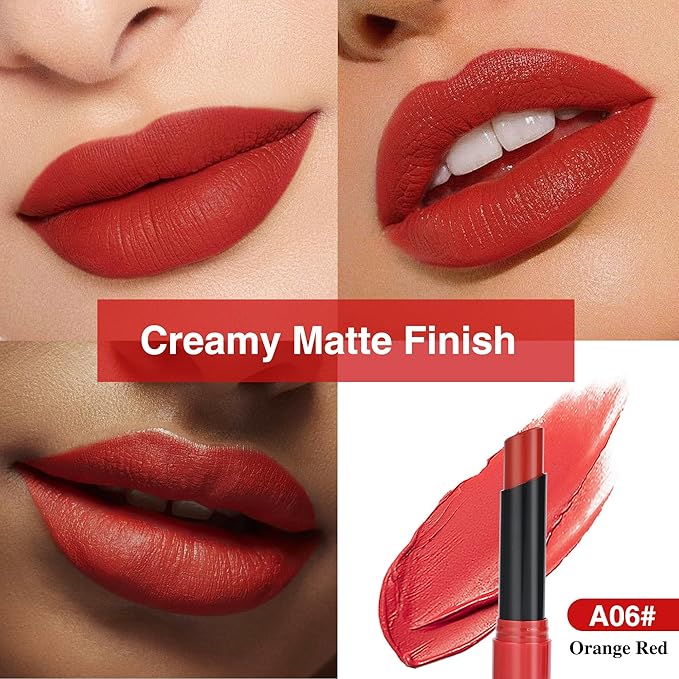 Orange Red Lipstick for Women，Matte Velvet Satin Lipsticks，Hydrate Lip stick Non-Drying Long Lasting Lip Stain Daily Makeup，Creamy Silky Texture，Highly pigment Formula，Vegan & Cruelty-Free，A06#