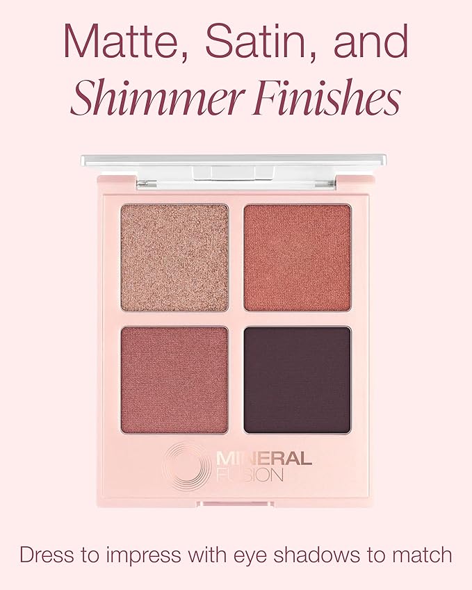 Mineral Fusion Eyeshadow Palette - Four Pressed Powder Shades in Matte, Glitter, and Shimmer Finishes - Natural, Lightweight Vegan Eye Makeup - (Girls Night Out)