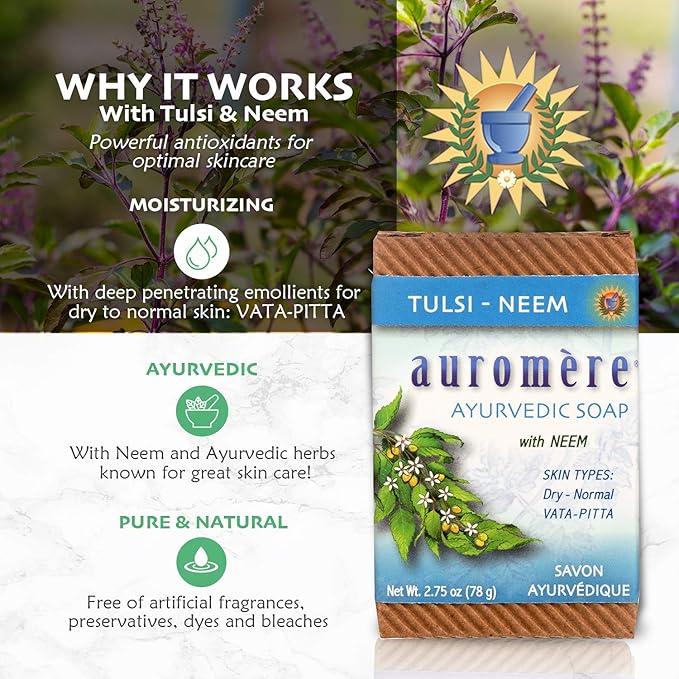 Auromere Ayurvedic Bar Soap, Tulsi Neem - Eco Friendly, Handmade, Vegan, Cruelty Free, Natural, Non GMO (2.75 oz), 4 pack