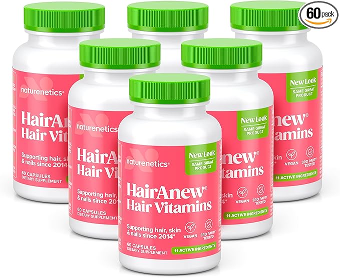HairAnew Hair Growth Vitamins for Thicker Stronger Hair | Works for Women & Men All Hair Types | 11 Hair Vitamins & Ingredients | 5000mcg Biotin | Vegan | Independently Tested | 60 Capsules (6)
