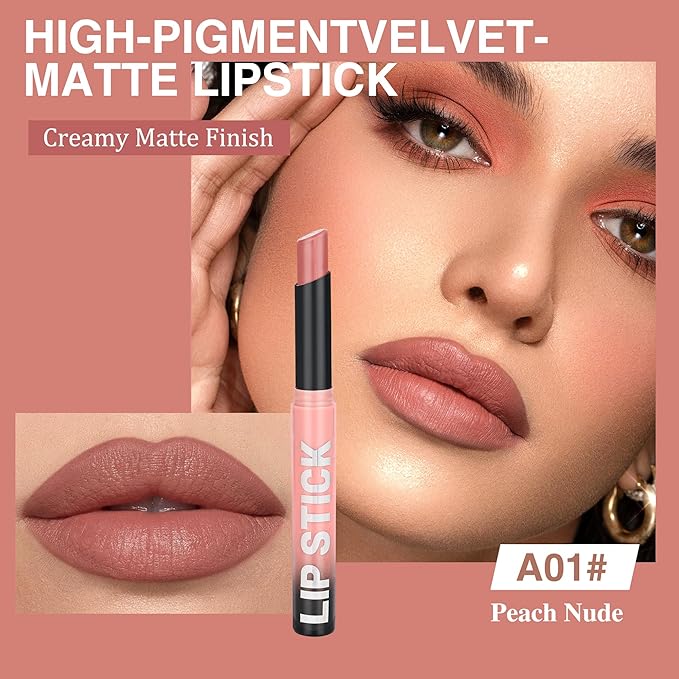 Nude Pink Lipstick for Women，Matte Velvet Satin Lipsticks，Hydrate Lip stick Non-Drying Long Lasting Lip Stain Daily Makeup，Creamy Silky Texture，Highly pigment Formula，Vegan & Cruelty-Free，A01#