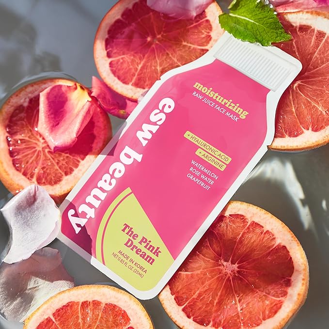 ESW Beauty The Pink Dream - Moisturizing Raw Juice Face Mask (6-Pack) - Hydrating with Watermelon, Rose Water & Grapefruit for Dry, Sensitive Skin - Vitamins C & E for Radiance