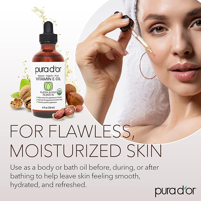 PURA D'OR 4 Oz Organic Vitamin E Oil 70,000 IU, USDA Certified Face, Body, Hair & Bath Oil with Argan, Jojoba, Rosehip, Apricot, Almond & Avocado, Lightweight Moisturizing Blend for Soft, Smooth Skin