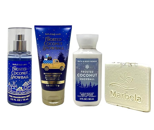 Bath & Body Works Frosted Coconut Snowball 3 Piece Travel Set - Fragrance Mist - Body Cream and Body Lotion - with a Natural Oats Sample Soap - Travel Size
