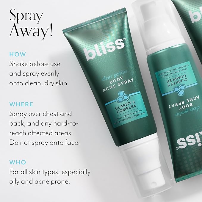 Bliss Clear Genius Body Acne Spray - 3.5 Fl Oz - Maximum Strength 2% Salicylic Acid & Niacinamide - Targets Body Acne & Prevents Future Breakouts - Post Workout - Clean - Vegan & Cruelty-Free