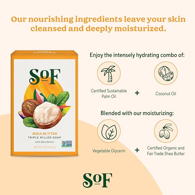 SoF Triple Milled Bar Soap - With Coconut Oil & Organic Shea Butter- Vegan & Non GMO- Free From Phthalates, Sulfates & Parabens- Shea Butter - 6 oz Bar 6 Bars