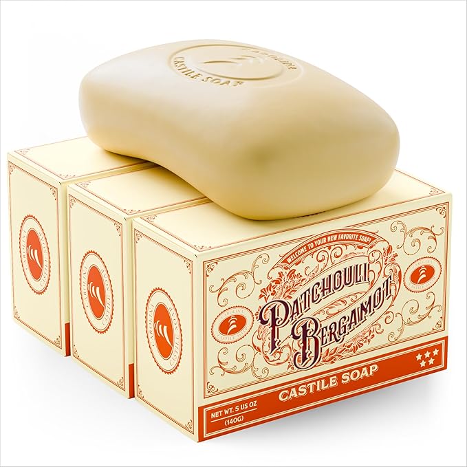 Carolina Castile Soap Patchouli Bergamot Bar Soap – Triple Milled for a Smooth, Silky Lather – Made with Unsaponified Olive Oil & Fair-Trade Cocoa Butter for a Soft, Daily Wash for Men and Women –5 oz
