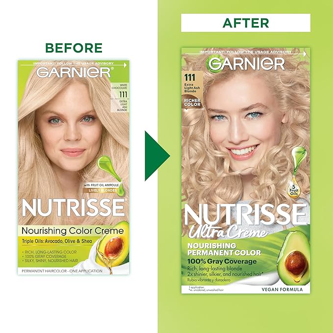 Garnier Nutrisse Ultra Crème Hair Color, Permanent Hair Dye with 100% Gray Coverage, Vegan & Cruelty-Free, 111 Extra-Light Ash Blonde (White Chocolate), 2 Count