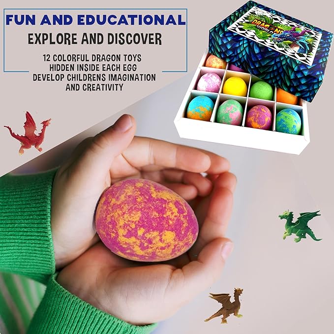 Bath Bombs for Kids with Surprise Inside - 12 Organic Bubble Bath Fizzies with Dragon Egg Toys. Gentle & Kids Friendly w/Rich Bubbles & Rainbow Colors, Easter Basket Essentials for Boys, Girls, Kids
