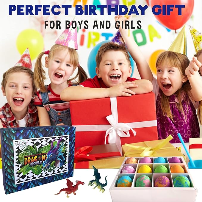Bath Bombs for Kids with Surprise Inside - 12 Organic Bubble Bath Fizzies with Dragon Egg Toys. Gentle & Kids Friendly w/Rich Bubbles & Rainbow Colors, Easter Basket Essentials for Boys, Girls, Kids