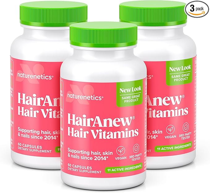 HairAnew Hair Growth Vitamins for Thicker Stronger Hair | Works for Women & Men All Hair Types | 11 Hair Vitamins & Ingredients | 5000mcg Biotin | Vegan | Independently Tested | 60 Capsules (3)