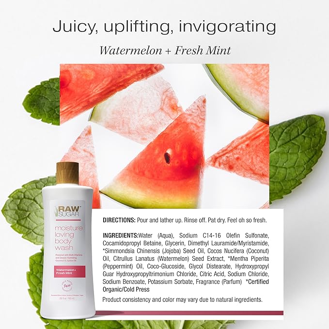 RAW SUGAR Watermelon Mint Refresh Gentle & Hydrating Body Wash, 20 Fl Oz (Pack of 3), Moisturizing & Refreshing Bath & Shower Gel, Vegan, Formulated without SLS/SLES & Parabens