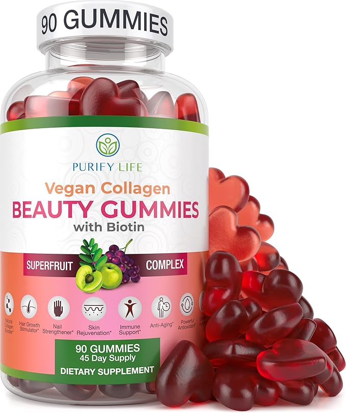 Vegan Collagen Gummies with Biotin Vitamins for Hair Skin and Nails Health, (90 Chews) Collagen Support Superfruit Complex with Resveratrol, Vitamin A, E, C - Replace Capsules, Pills