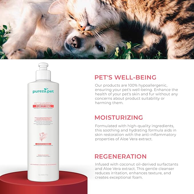 Fortifying Hypoallergenic Professional Shampoo for Pets - Hair Loss Treatment, Healthy & Strong Fur, Pet Grooming Products, Horse Cat & Dog Bath Supplies - VEGAN, Paraben-Free - 33.8fl oz - PUREZA PET