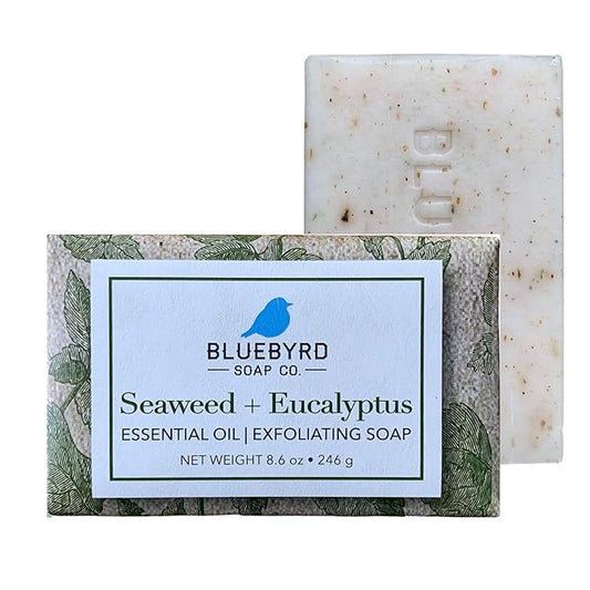 BLUEBYRD Soap Co. Eucalyptus & Seaweed Exfoliating Soap Bar, 100% Vegan Cold Press Large Soap Bars, Scented with Premium Essential Oils, Scrub Soap Bars for Men and Women, Exfoliate Body Naturally with Oatmeal, Shea Butter, Olive Oil, 8.6oz (EUCALYPTUS...