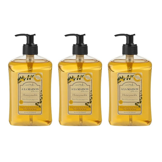 A LA MAISON Honeysuckle French Liquid Hand Soap - Natural Hand Wash Made with Essential Oils - Biodegradable, Plant-Based, Vegan, Cruelty-Free, Alcohol & Paraben Free (16.9 oz, 3 Pack)