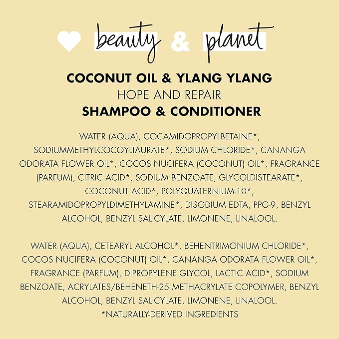 Love Beauty and Planet Coconut Oil & Ylang Hope and Repair Shampoo and Conditioner for Dry and Damaged Hair 2 Count, 13.5 oz each, Paraben , Silicone Free, Vegan