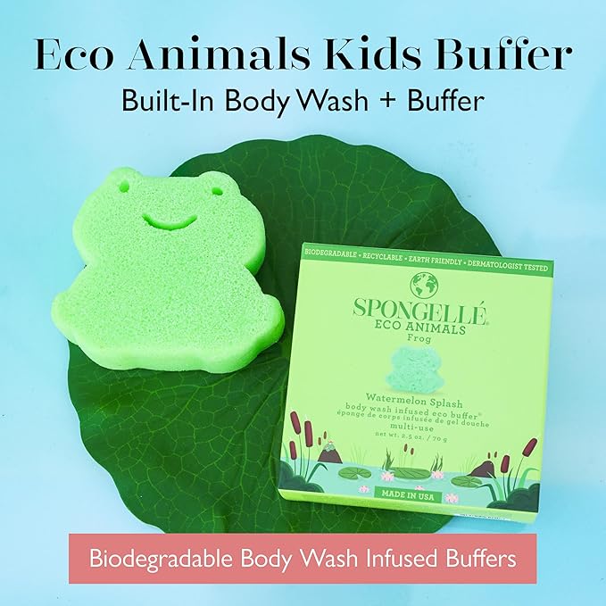 Spongelle Frog Eco Collection Animals Kids Buffer Body Scrubber | Bath & Shower Loofah for Kids | Biodegradable, Cruelty-Free, Vegan, Dermatologist-Tested, Made in USA