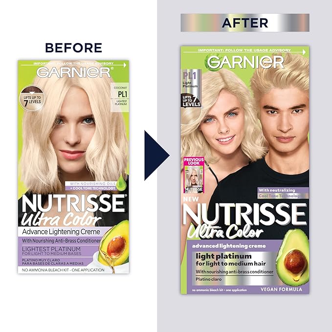 Garnier Hair Color Nutrisse Ultra Color Nourishing Creme, PL1 Light Platinum (Coconut) Permanent Hair Dye, 1 Count (Packaging May Vary)