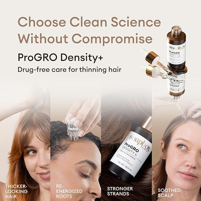 Soapbox ProGRO Density+ Hair Thickening Serum | Lightweight Scalp Serum for Thinning Hair | Supports Fuller-Looking, Stronger Hair, Clean Vegan Formula | 1 Month Supply, 1 oz