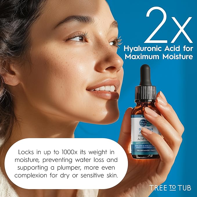 Tree To Tub Double Hyaluronic Acid Hyaluronic Acid Serum for Face - Anti-Aging Hydrating Serum - Targets Fine Lines & Dry, Sensitive Skin