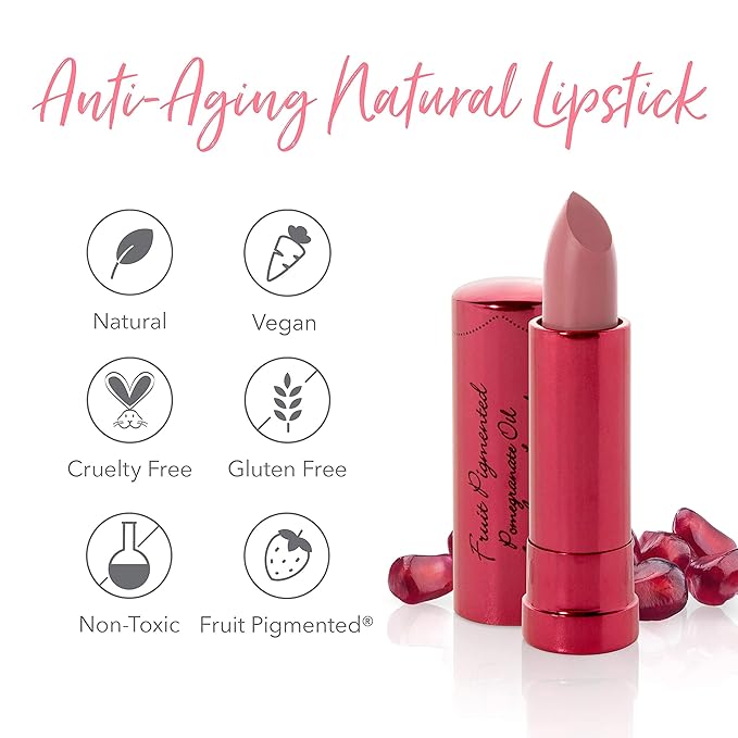 100% PURE Pomegranate Oil Anti-Aging Lipstick Long Lasting, Vibrant Makeup - Moisturizing Cocoa Butter Satin Finish - Vegan Fruit Pigmented Foxglove Color (Berry Pink Mauve) - 0.15 oz