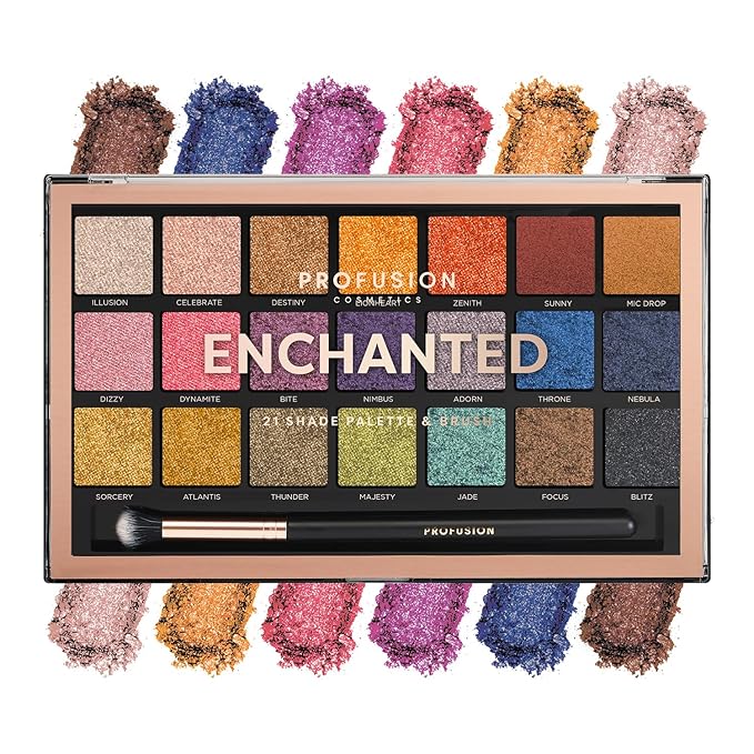 Profusion Cosmetics Enchanted 21-Shade Eyeshadow Palette – Richly Pigmented, Matte & Shimmer Finishes with Professional Brush, Vegan & Cruelty-Free