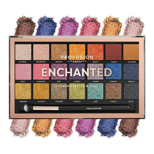 Profusion Cosmetics Enchanted 21-Shade Eyeshadow Palette – Richly Pigmented, Matte & Shimmer Finishes with Professional Brush, Vegan & Cruelty-Free