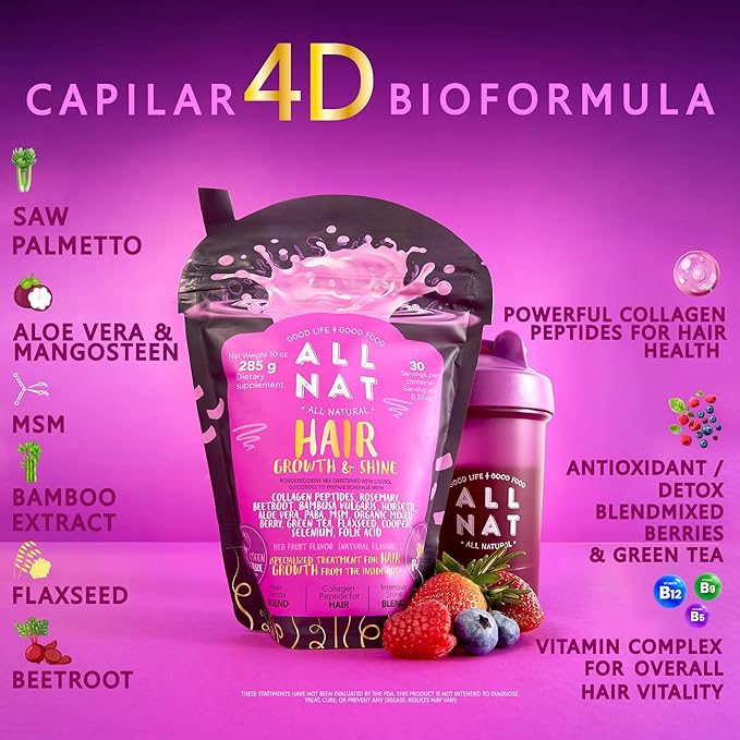 All NAT Hair Growth & Shine | 4D Bioformula Drink with 22 Active Ingredients | Supports Healthy Hair Growth, Stronger Follicles & Natural Shine | for Women & Men | Vegan · Sugar-Free · 300g