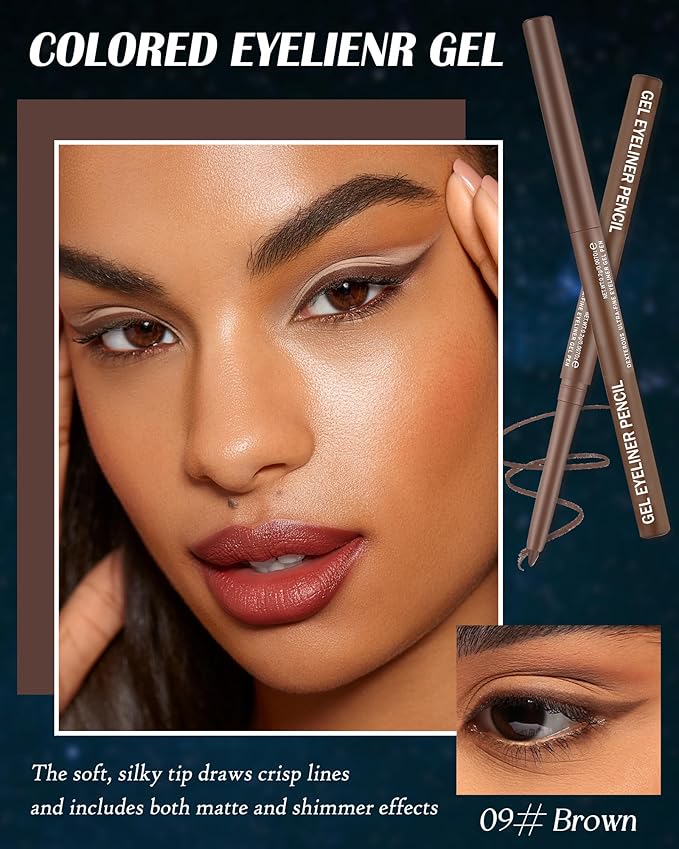 Brown Matte Gel Eyeliner Pencil Waterproof, Metallic Retractable Cream Smooth Eye Liner Pencils, Long Lasting Waterline Hypoallergenic Eyeliner Pen, Highly Pigmented Smudge-Proof Makeup for Women-09
