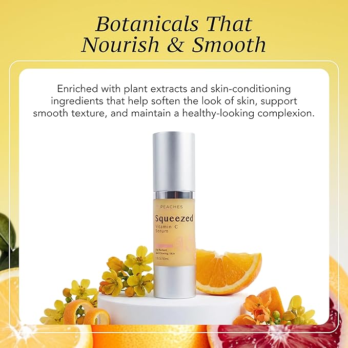Peaches Skin Care Squeezed Vitamin C Serum with Kakadu Plum, Gold and CoQ10 – Lightweight Hydrating Formula for Radiant-Looking Complexion – Vegan Skincare for Women, 1 fl oz