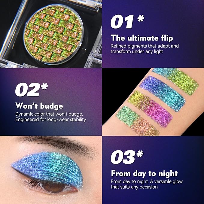 Multichrome Eyeshadow,Duochrome Pearl Powder Smooth Pressed Vegan Glitter Eye Shadow Waterproof Creamy Formula,Multi-Reflective Finishes Glitter Metallic Eye Makeup (02)