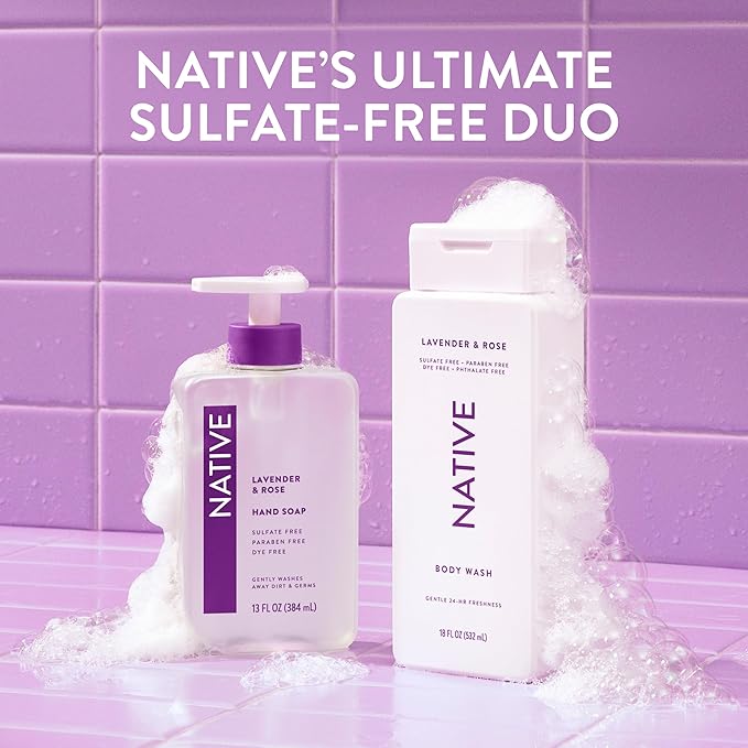 Native Body Wash Contains Naturally Derived Ingredients | For Women & Men, Sulfate, Paraben, & Dye Free Leaving Skin Soft and Hydrated | Lavender & Rose 18 oz