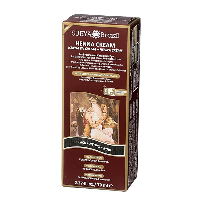 Surya Brasil Henna Cream Black - 96% Natural Ingredients, Vegan, Cruelty-Free, Eco-Friendly, Semi-Permanent Hair Color, Deep Hydration & Shine, 2.37 oz