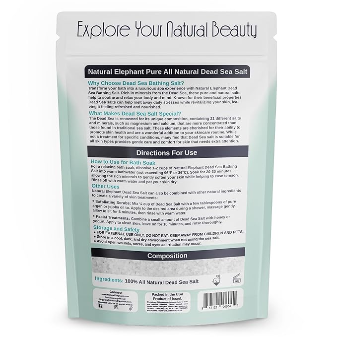Natural Elephant Dead Sea Bath Salt | 2 Pound Bag (32oz) | 100% Natural and Pure| Coarse Grain | Ideal for Baths and Soaks