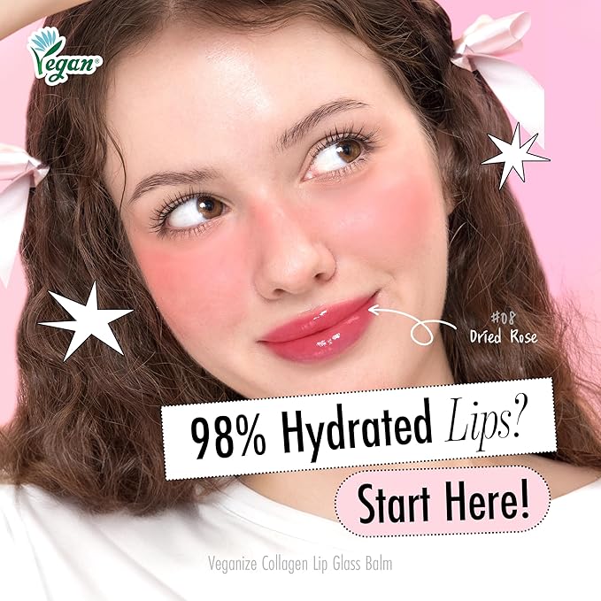 self beauty Veganize Collagen Lip Glass Balm - Hydrating Lip w/Hyaluronic Acid - Vegan Korean Lip Balm Moisturizing Lip Care – Lip Gloss Repair for Dry Cracked Lips 0.06 oz (#8 Dried Rose)