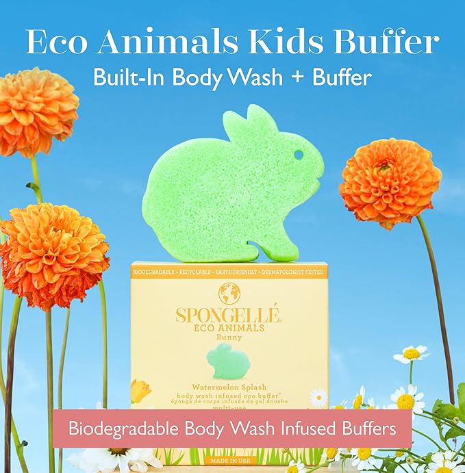 Spongelle Bunny Eco Collection Animals Kids Buffer Body Scrubber | Bath & Shower Loofah for Kids | Biodegradable, Cruelty-Free, Vegan, Dermatologist-Tested, Made in USA