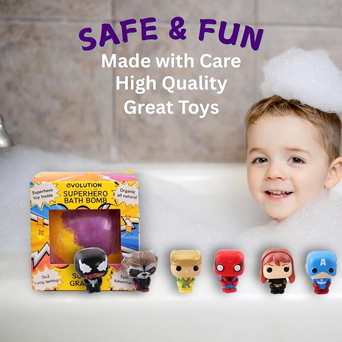 EvolutionUSA 1pc Epic Superhero Bath Bombs for Kids – Super Hero Bath Bomb with Toy Inside, Lush Children Bathbomb Easter, Organic Bathbomb with Surprise Inside, Fun Superhero Bath Fizzer Valentines