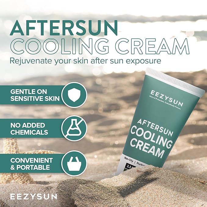 AfterSun Cooling Cream - Vegan After Sun Lotion with Aloe Vera, Tea Tree Oil, Chamomile - Soothes, Hydrates Sunburn - Outdoor, Vacation, Beach Essentials, After Sun Skin Care - 3.3 fl oz