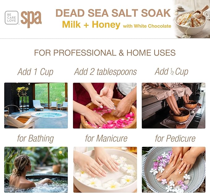 BCL SPA Dead Sea Salt Soak - Bath Salt with Organic Milk + Honey, White Chocolate, Shae Butter, Arnica, Aloe Vera Juice, Chamomile, Argan & Jojoba Oil Skin Exfoliator - Home/Professional Use 16 fl oz