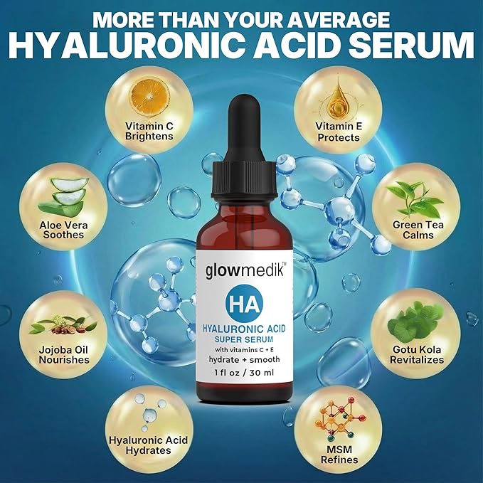 Glowmedik Hyaluronic Acid Serum for Face with Vitamin C & E - Hydrating Face Serum for Dry Skin, Fine Lines & Wrinkles - Vegan Facial Moisturizer for Women, 1 fl oz 30ml